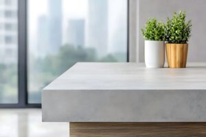 close up of concrete countertop with window and city view