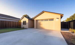 A modern house showcases its fresh exterior with a spacious garage and manicured lawn. The sun shines brightly in the clear blue sky highlighting the sleek design of the property.