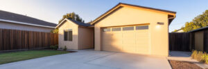 Single-story beige house with a two-car garage, concrete driveway, and fenced backyard under a clear sky.